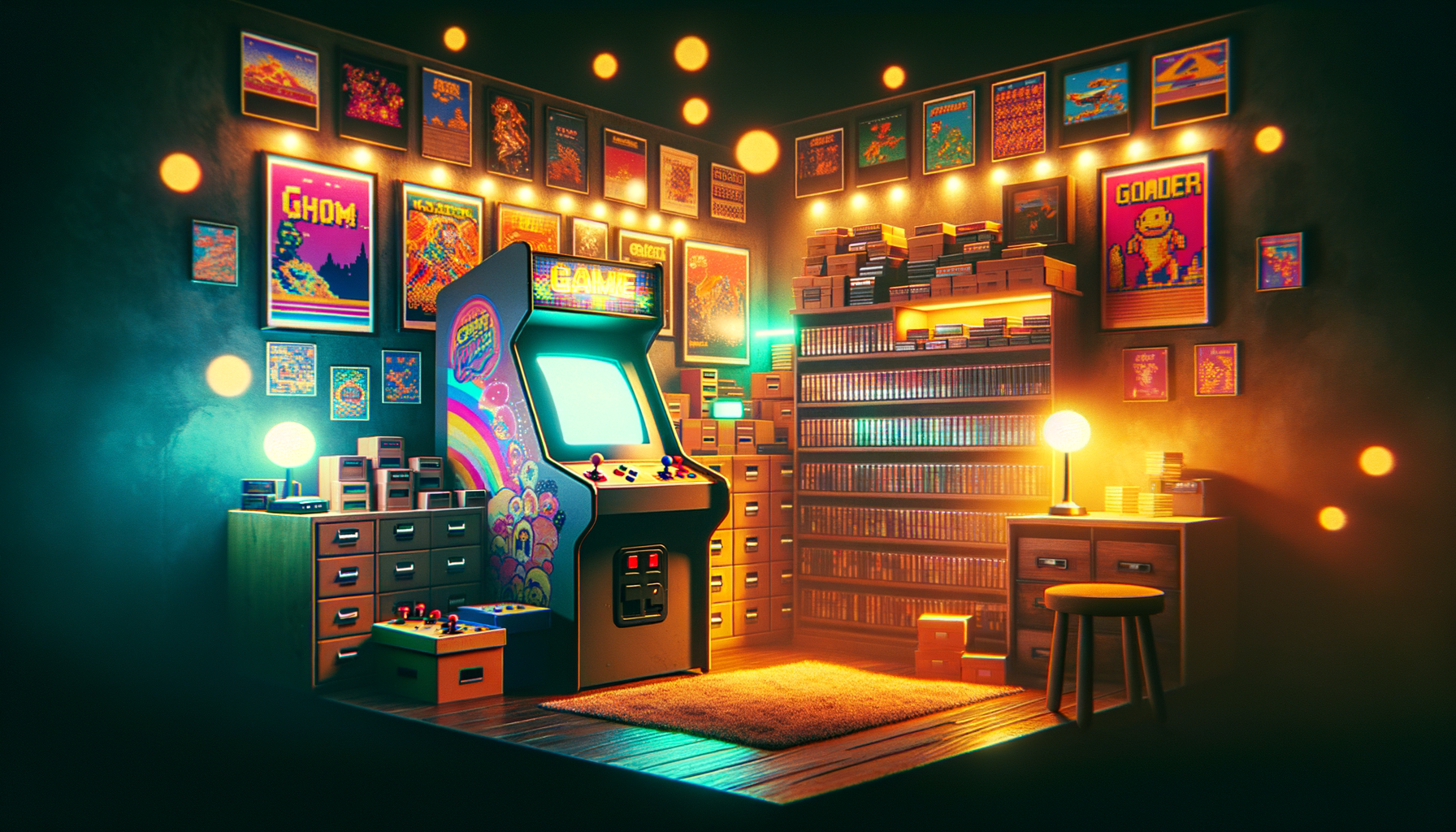 001 cozy retro gaming room setup warm neon a