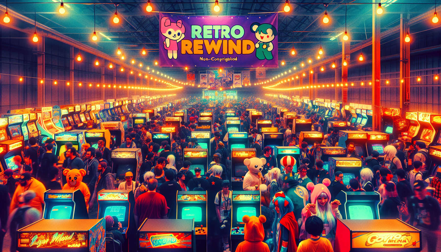 001 retro arcade hall at a gaming convention