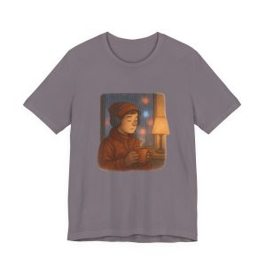 cozy winter reading tee — hot cocoa & headphones illustration