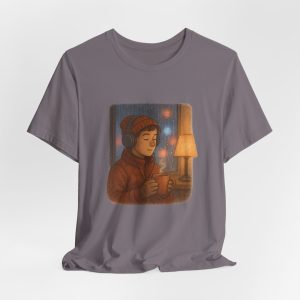 cozy winter reading tee — hot cocoa & headphones illustration