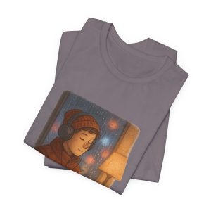 cozy winter reading tee — hot cocoa & headphones illustration