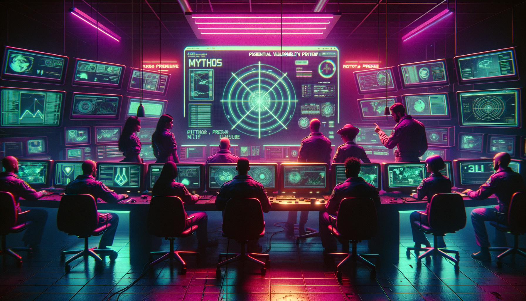 001 retro futuristic scene of a small team o