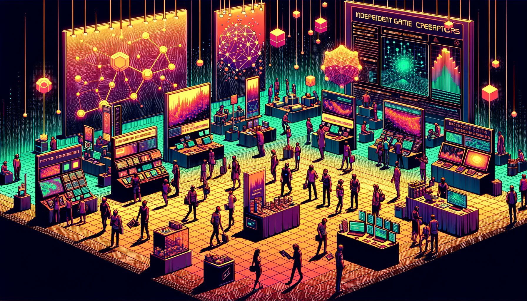 001 retro tech conference scene a bustling c